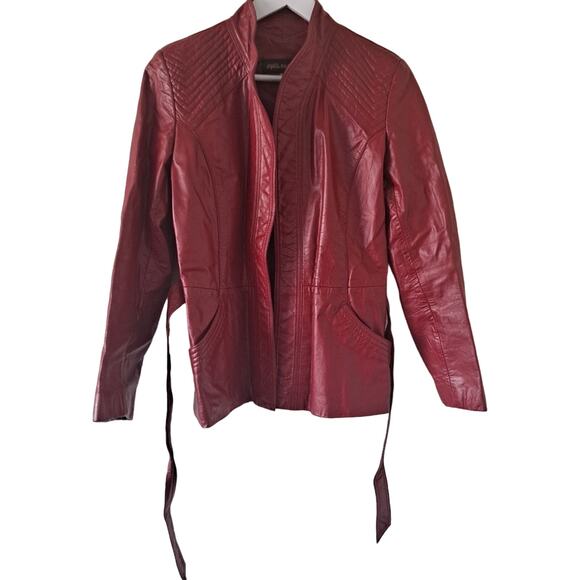 Split End Limited Red Leather High Neck Long Sleeve Jacket with Belt  - Size 11 - Picture 3 of 8